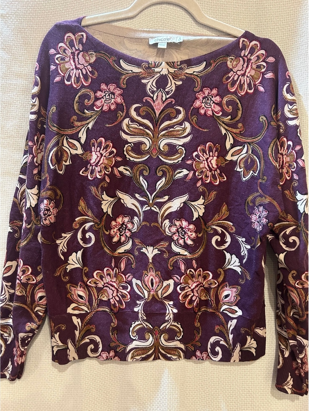 Chico's Women's Size 2 Purple Floral Patterned Long Sleeve Sweater